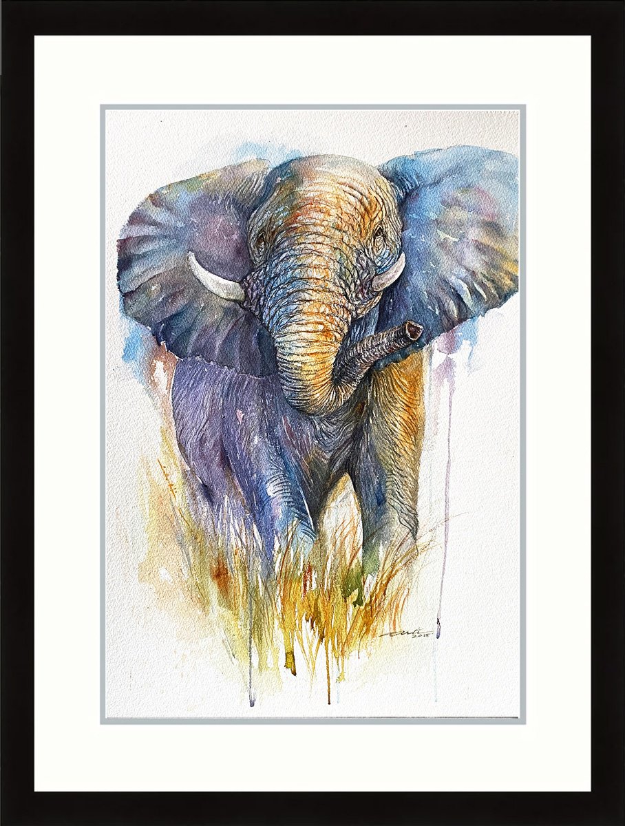 Photorealistic Animal Watercolour By Arti Chauhan, 19 X 26, King Of Earth-Elephant, Original Artwork