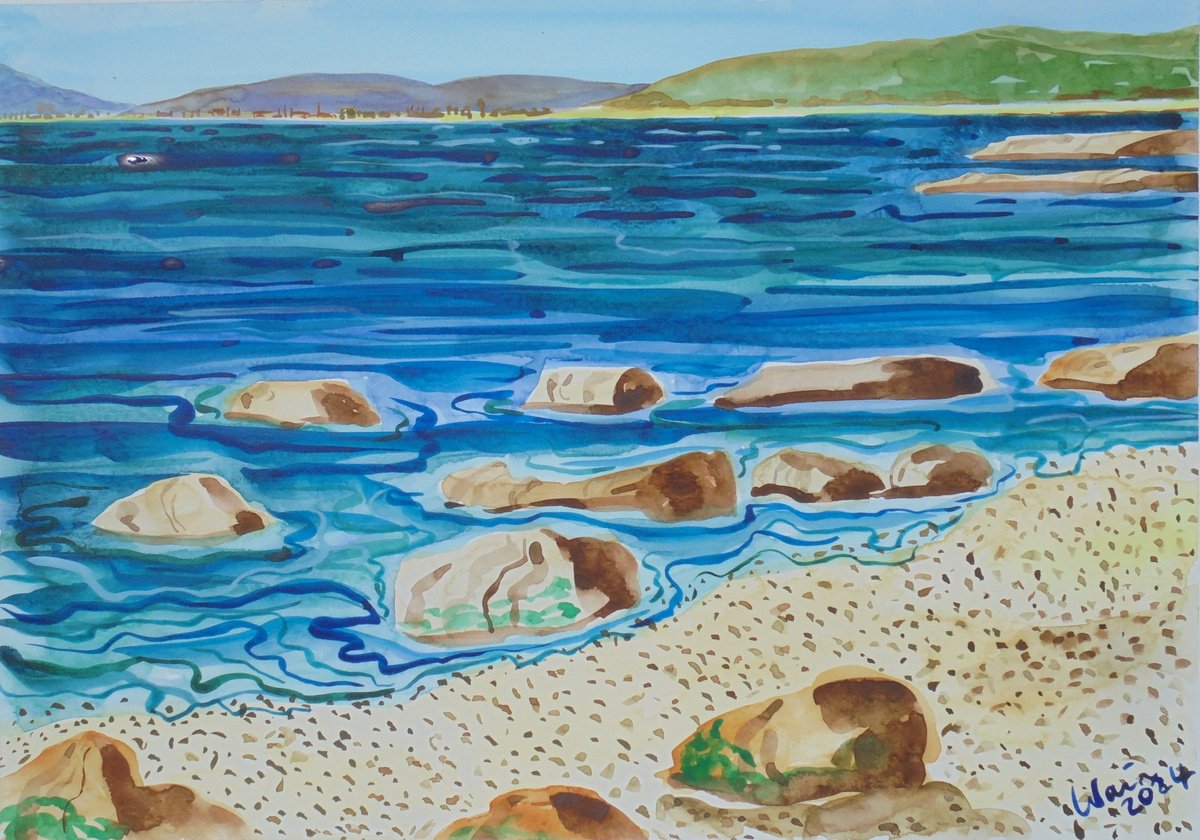 Impressionistic Landscape Watercolour By Kirsty Wain, 17 X 11", Playa Sardina Seascape, Original Artwork