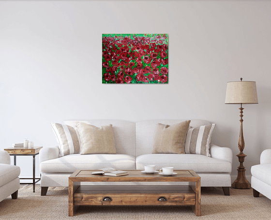 FIELD OF RED ROSES, MEADOW OF FLOWERS, large size painting office home decor gift