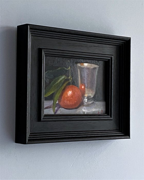 Orange and Silver Cup Original Oil Still Life Painting.