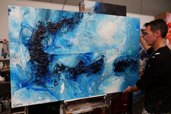 Blue Oyster Bay 160cm x 100cm Blue White Textured Abstract Art