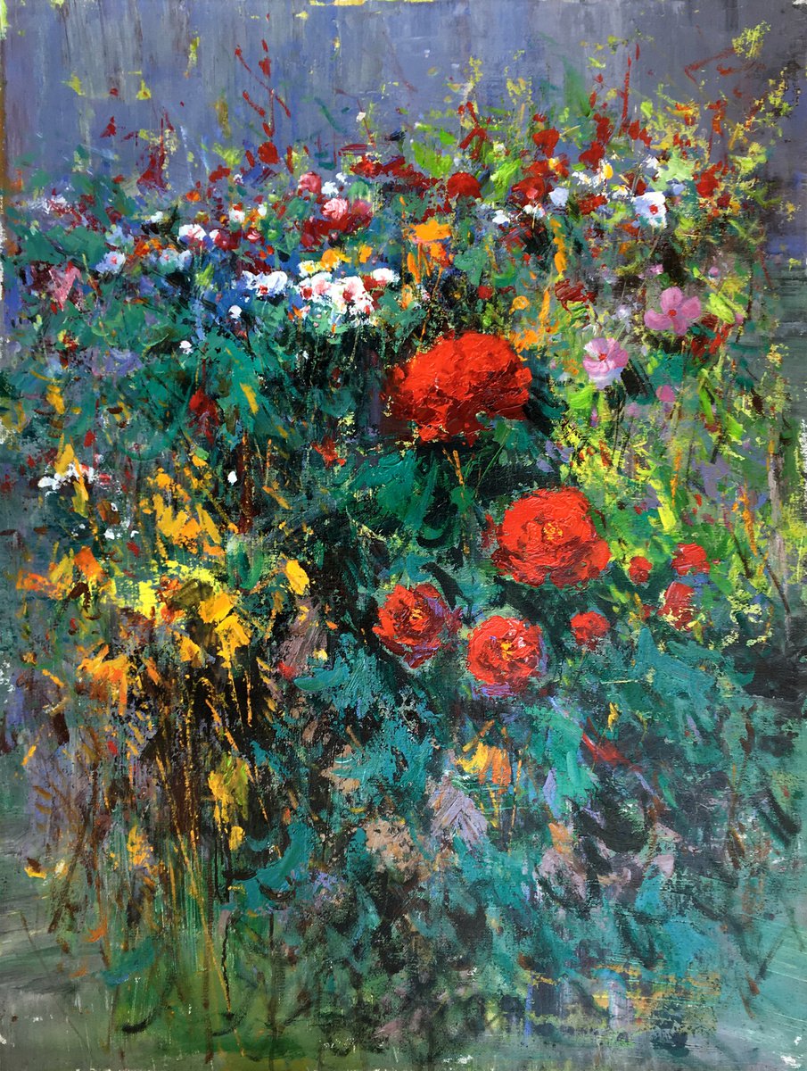 Impressionistic Botanical Oil Painting By Kunlong Wang, 35 X 47", Impressionism Oil Painting:flowers In The Garden T159, Artfinder