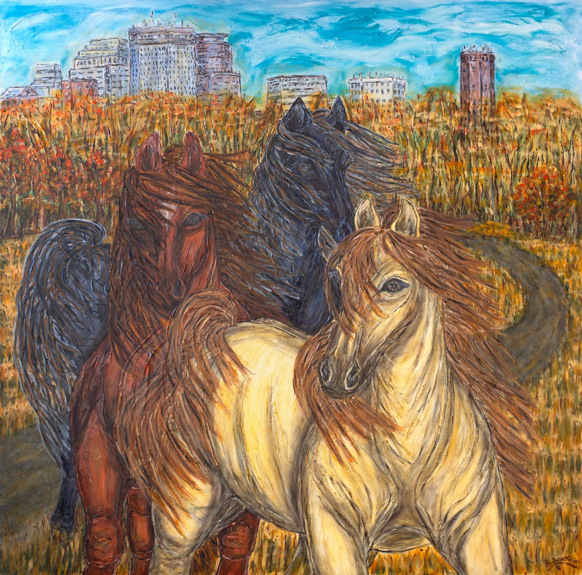 Impressionistic Animal Oil Painting By Kim Jones Miller, 36 X 36", Imagine Wild Horses In Mpls, Original Artwork