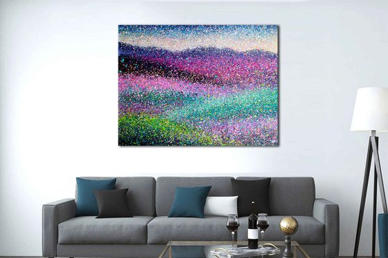 Bright Summer landscape Pink flower field Colorful countryside Large abstract nature
