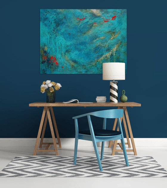 Blue Abstract Seascape Textured Painting Navy, Teal, Red, Silver, Gold. Modern Art with Heavy Texture. Abstract Landscape Contemporary Artwork for Livingroom or Bedroom