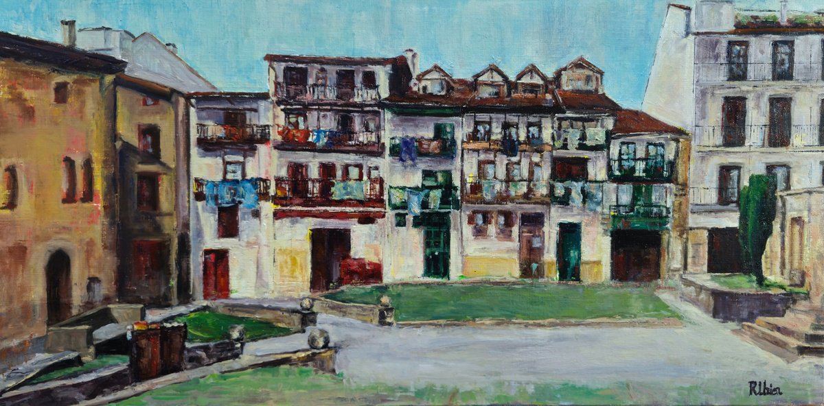 Impressionistic Cityscapes Oil Painting By Fuensanta Ruiz Urien, 31 X 16, En La Plaza Del Obispo, Original Artwork