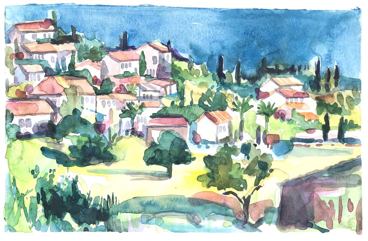 Impressionistic Landscape Watercolour By Annie Meier, 15 X 9, Provencal Village, France, Original Artwork