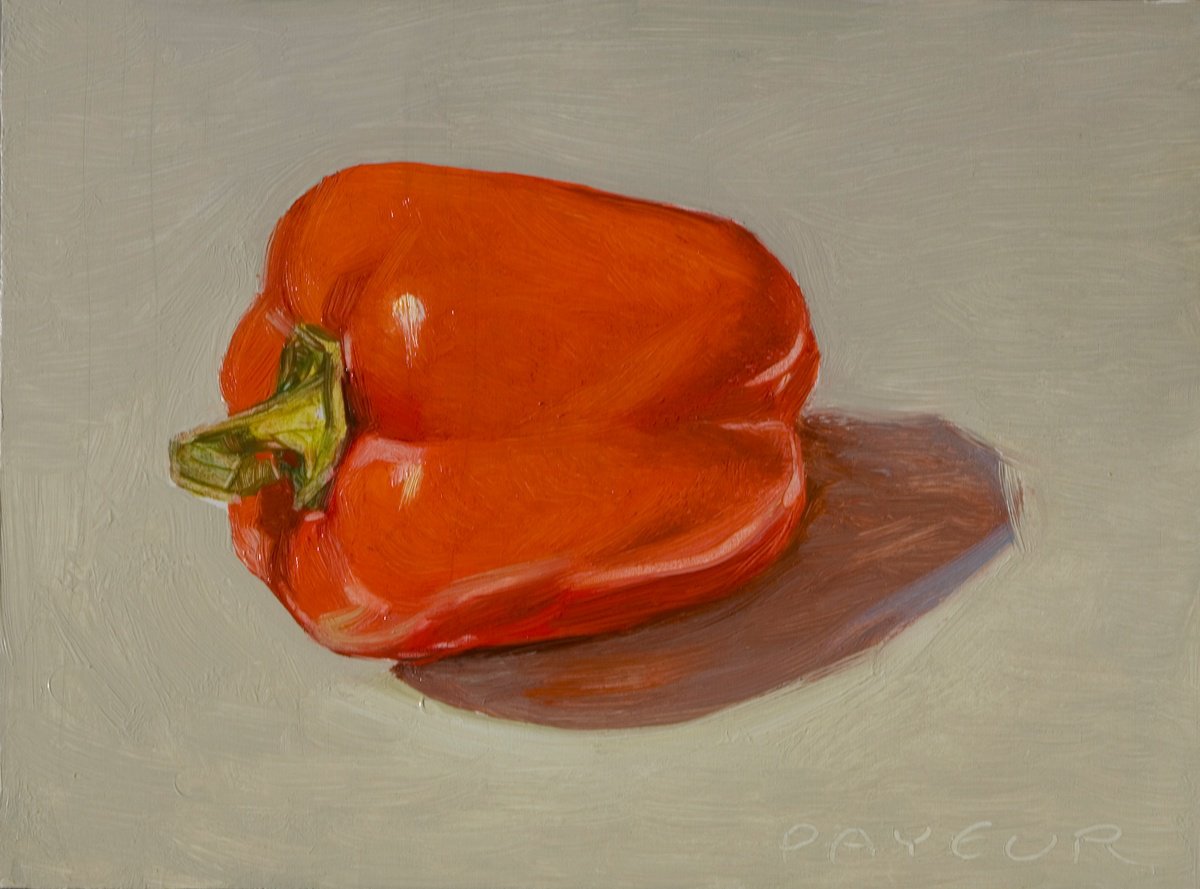Impressionistic Still Life Oil Painting By Olivier Payeur, 8 X 6", Red Pepper On Grey, Original Artwork
