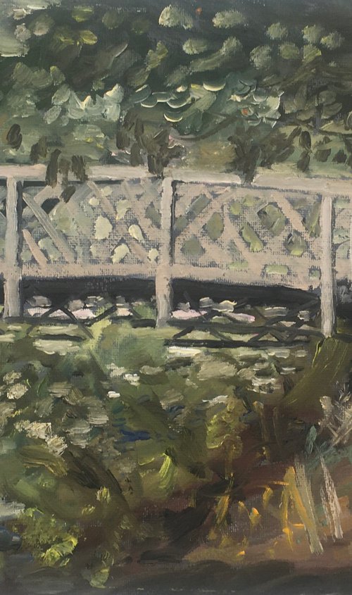 Garden Bridge, an impressionist oil painting. by Julian Lovegrove Art