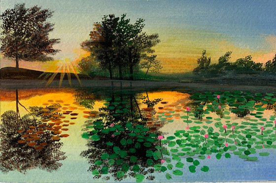 Water lily pond at sunrise ! A4 size Painting on paper (2019) Acrylic  painting by Amita Dand
