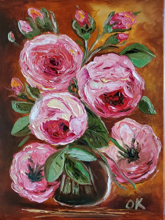 BOUQUET OF CORAL ROSES #3 palette knife modern red pink still life  flowers Dutch style office home decor gift
