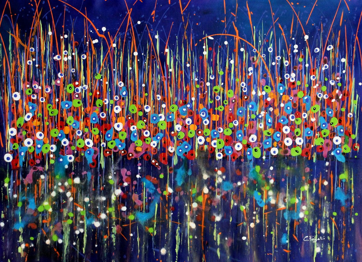 Organic Botanical Acrylic Painting By Cecilia Frigati, 39 X 28, Technicolor Arlequin #1, Original Artwork