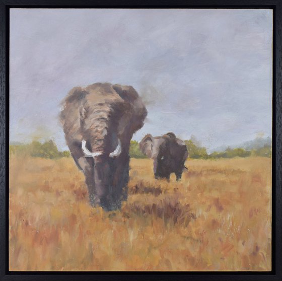 Elephant wildlife art - painterly animal artwork - Framed Oil On Board