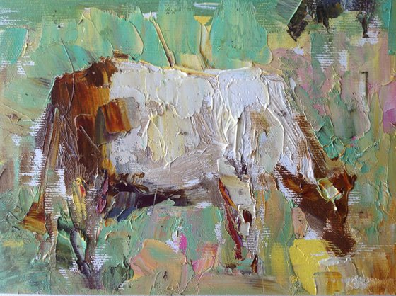 Cow on grassland oil painting landscape nature animal cows sunlight waterlily