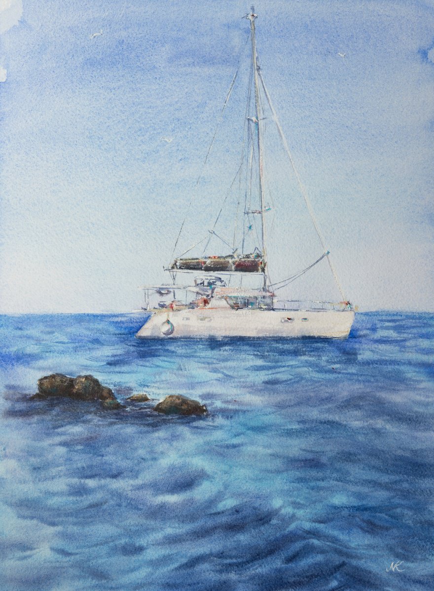 Impressionistic Landscape Watercolour By Kateryna Nazarenko, 9 X 12", White Yacht On The Blue Sea, Original Artwork