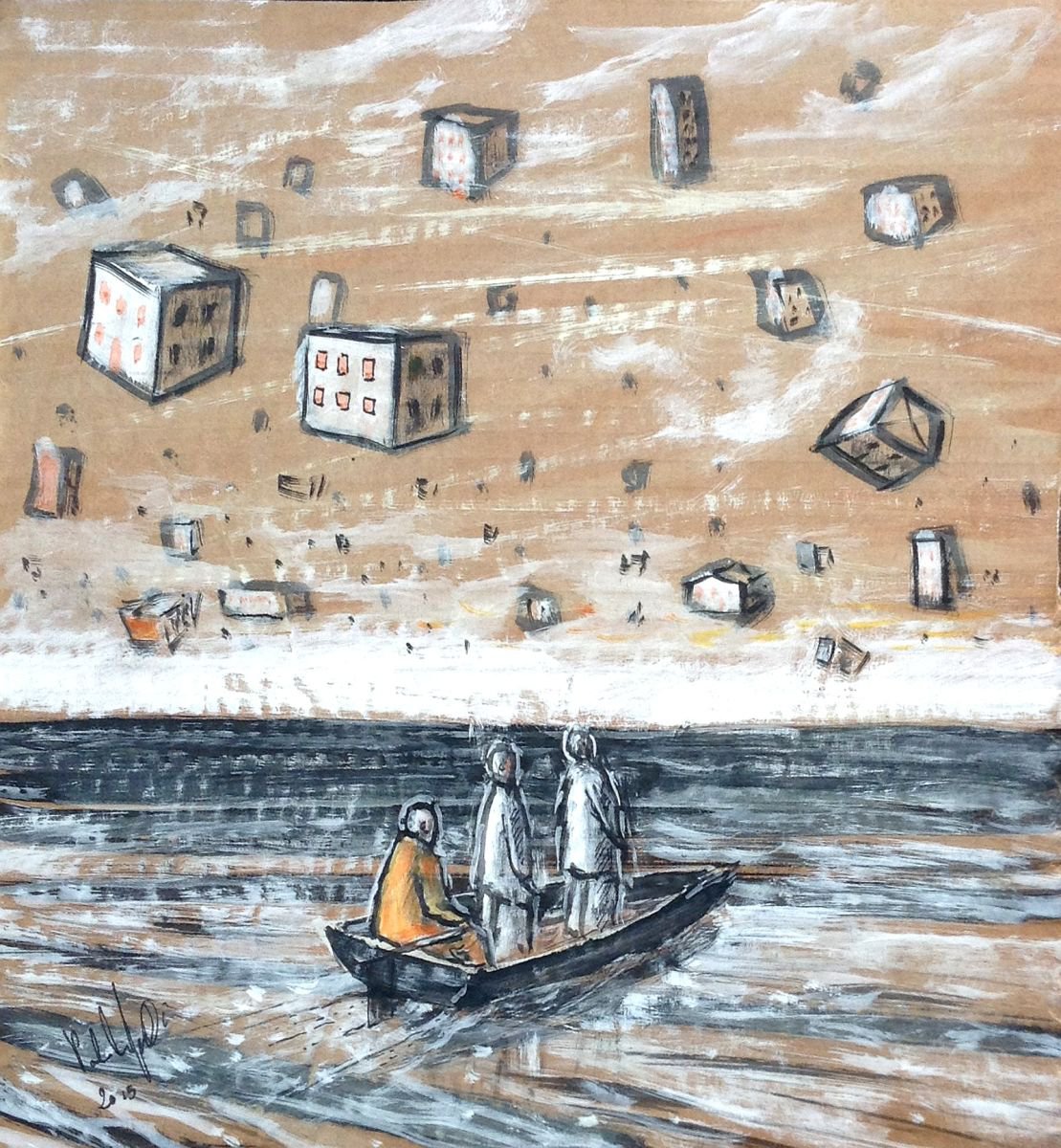 Surrealistic Landscape Painting By Paolo Beneforti, 12 X 13", Looking For A Lost Home, Original Artwork