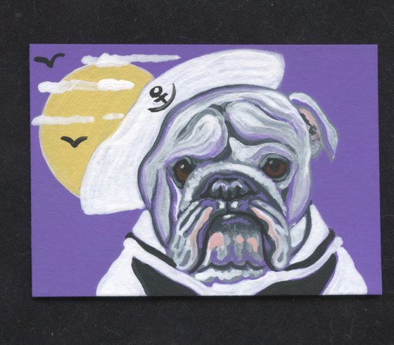 ACEO ATC Original Miniature Painting Halloween White English Bulldog Sailor  Dog Art-Carla Smale