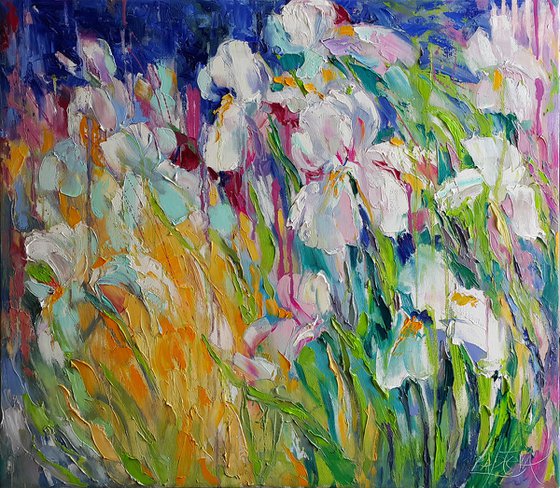 Painting Irises, summer landscape, white flowers in garden