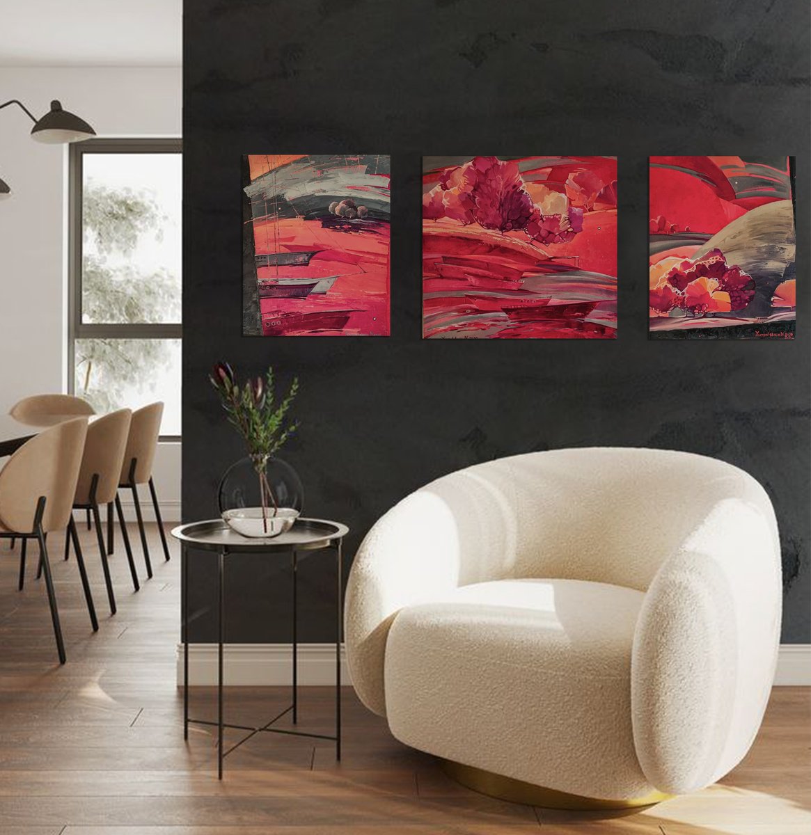 Abstract Landscape Oil Painting By Natalia Yampolskaia, 17 X 47", Twilight Triptych, Original Artwork