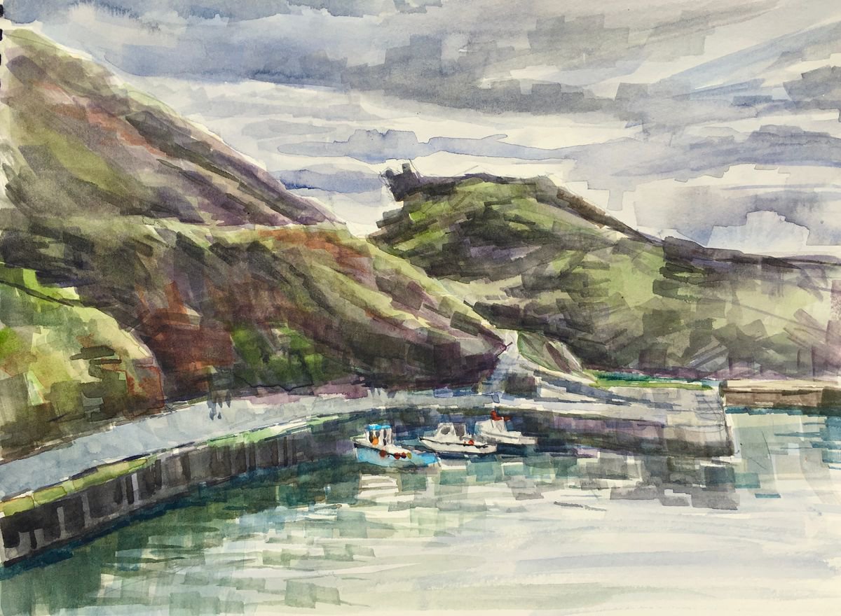 Gathering clouds at Boscastle, Cornwall by Louise Gillard