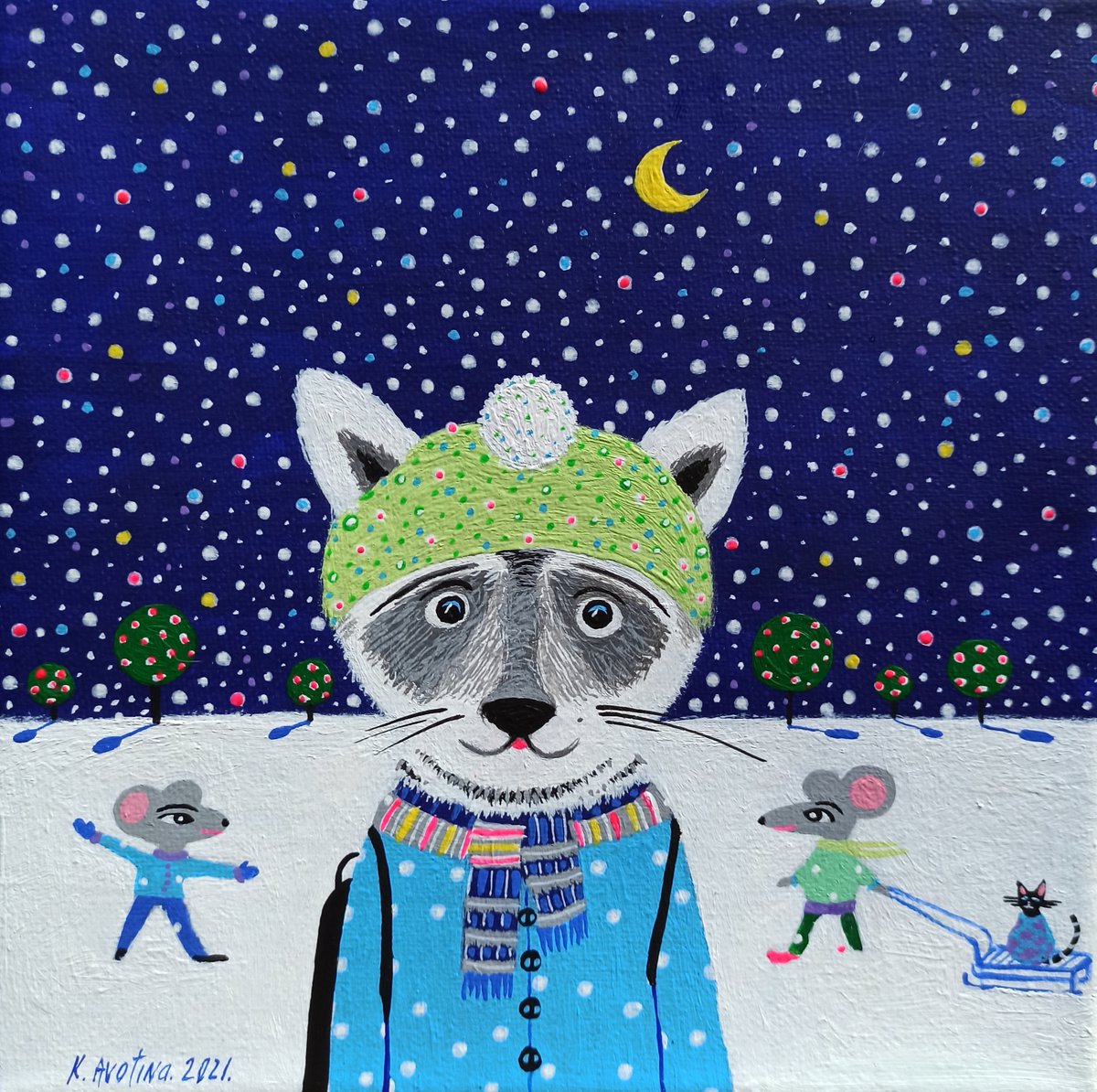 Impressionistic Animal Acrylic Painting By Katrina Avotina, 8 X 8", Who Took My Christmas Tree?, Original Artwork