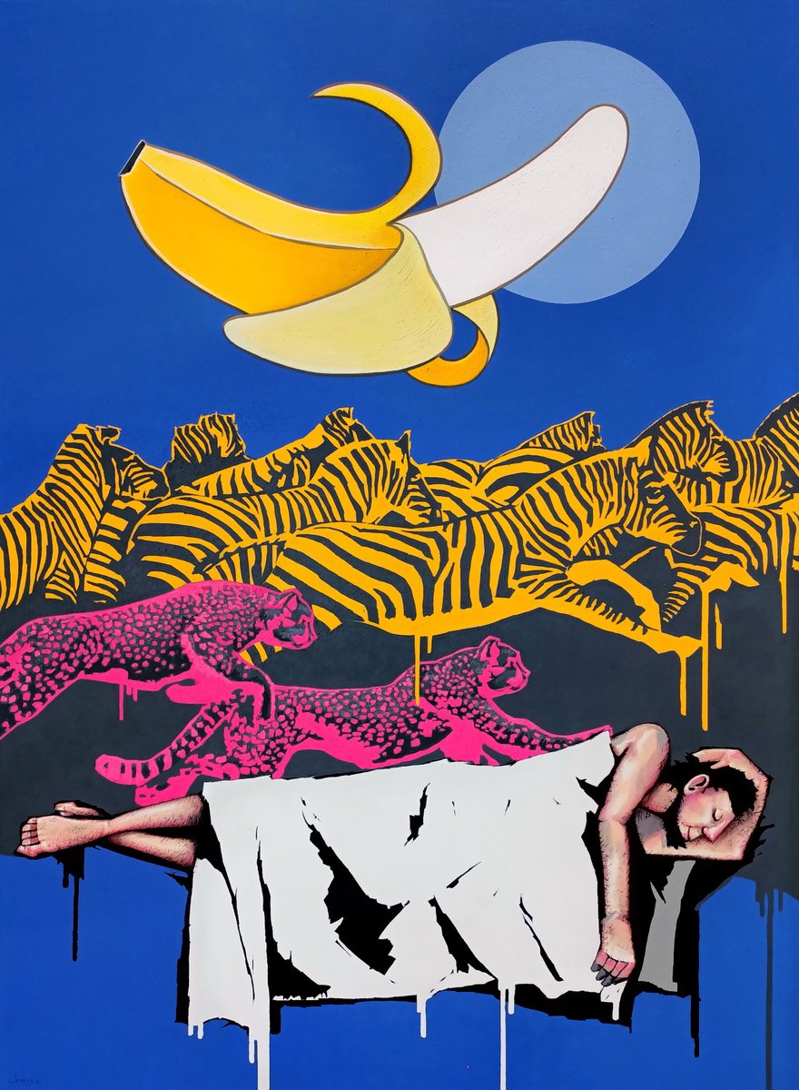 Urban And Pop Portrait Acrylic Painting By Evgen Semenyuk, 43 X 59, Exotic Savannah Reverie, Original Artwork