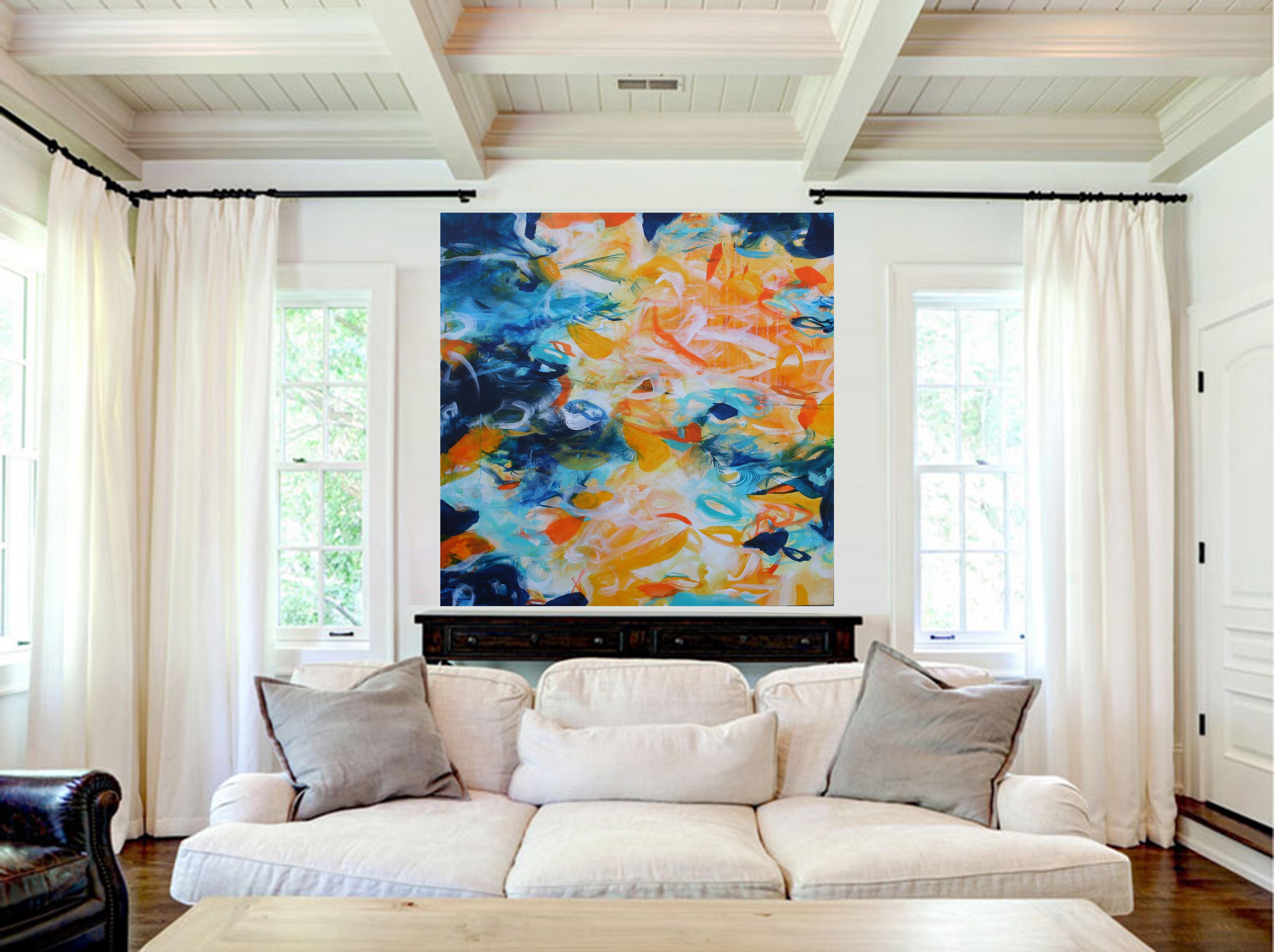 Organic Abstract Acrylic Painting By Susan Wooler, 39 X 39", Dancing In The Moonlight, Original Artwork