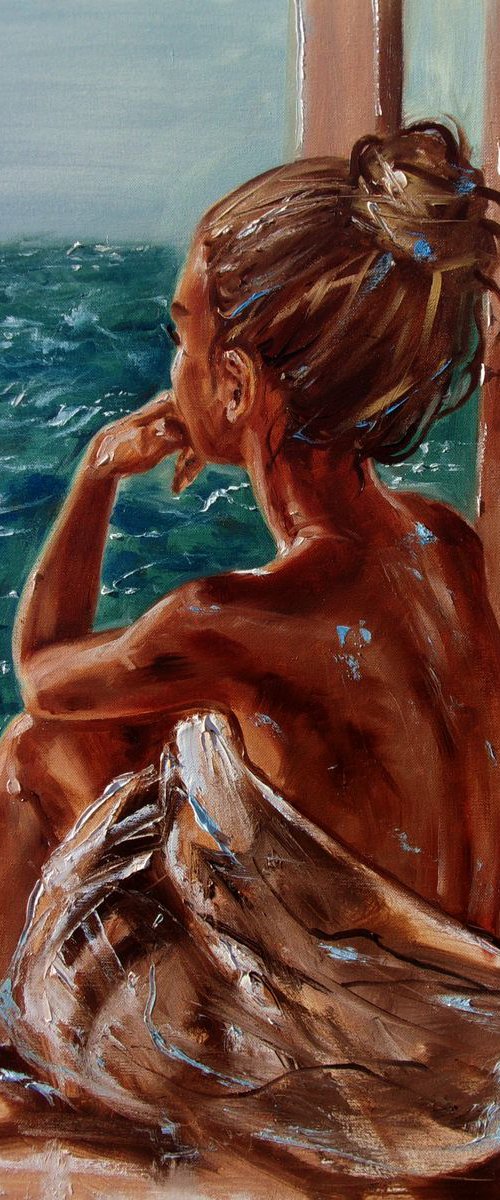" REFLECTIONS ... " SEA original painting palette knife GIFT MODERN URBAN ART OFFICE ART DECOR HOME DECOR GIFT IDEA by Monika Luniak