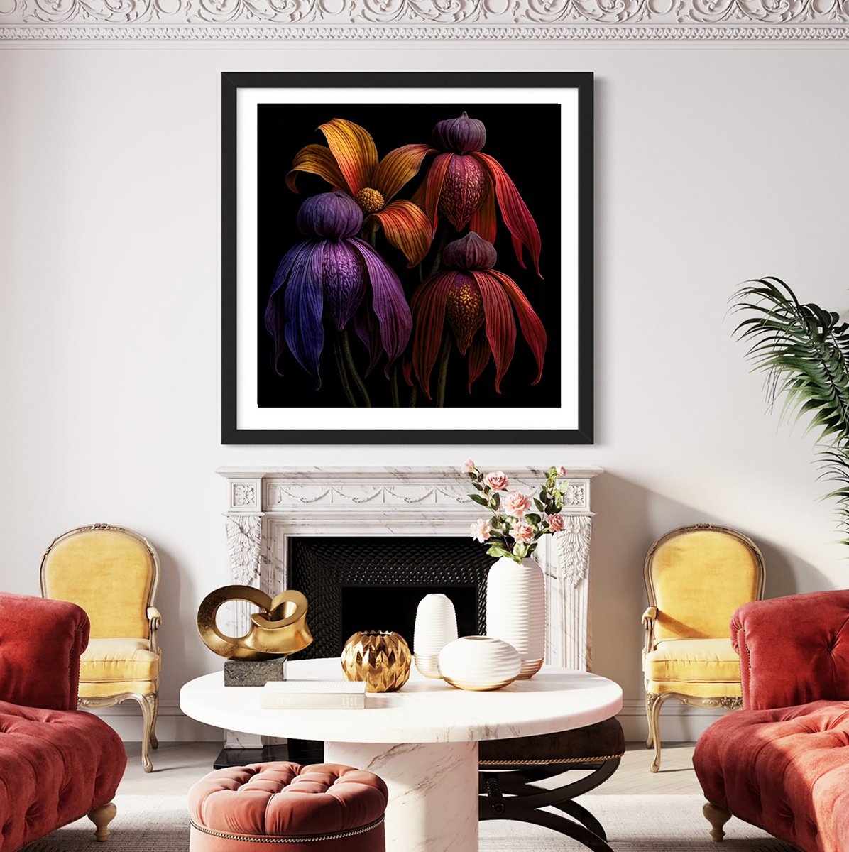 Photorealistic Botanical Photograph By Michael Filonow, 32 X 32", Flames Of Flora, Original Artwork