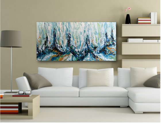 Early Spring III - Original Blue Brown Abstract Painting, Large Textured Modern Wall Art