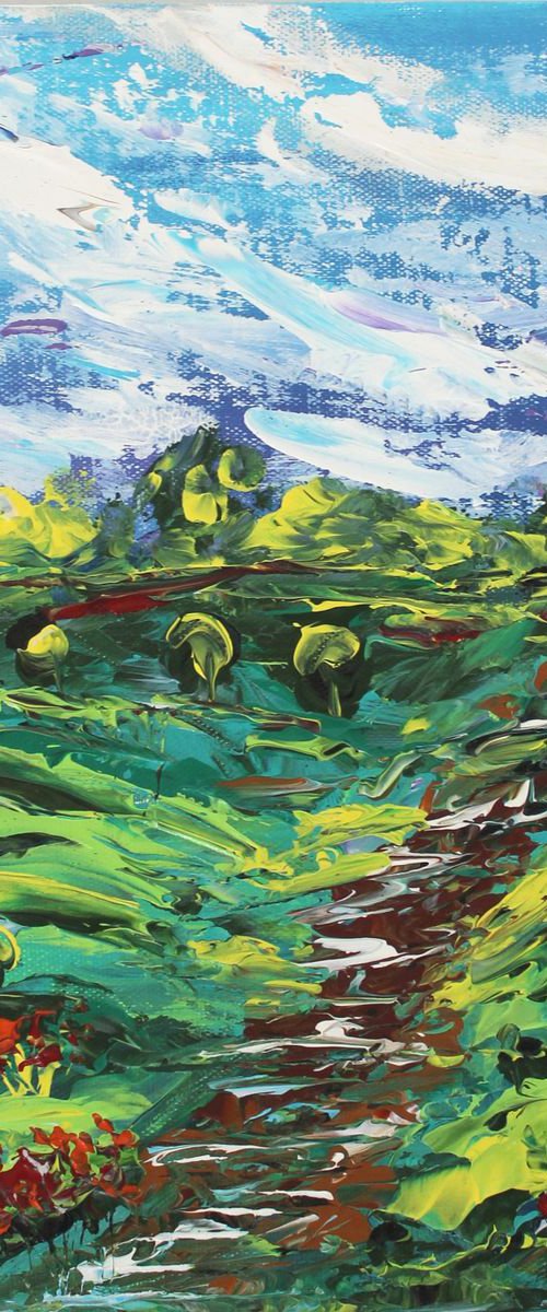 The hillside walk , 2018 - Landscape Impressionistic Palette Knife Impasto Painting on Canvas Board by Vikashini Palanisamy
