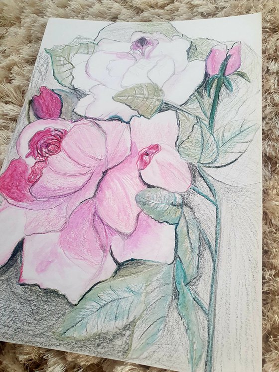 Floral Dance Drawing with Pencil and Watercolour Pencils A4 Size