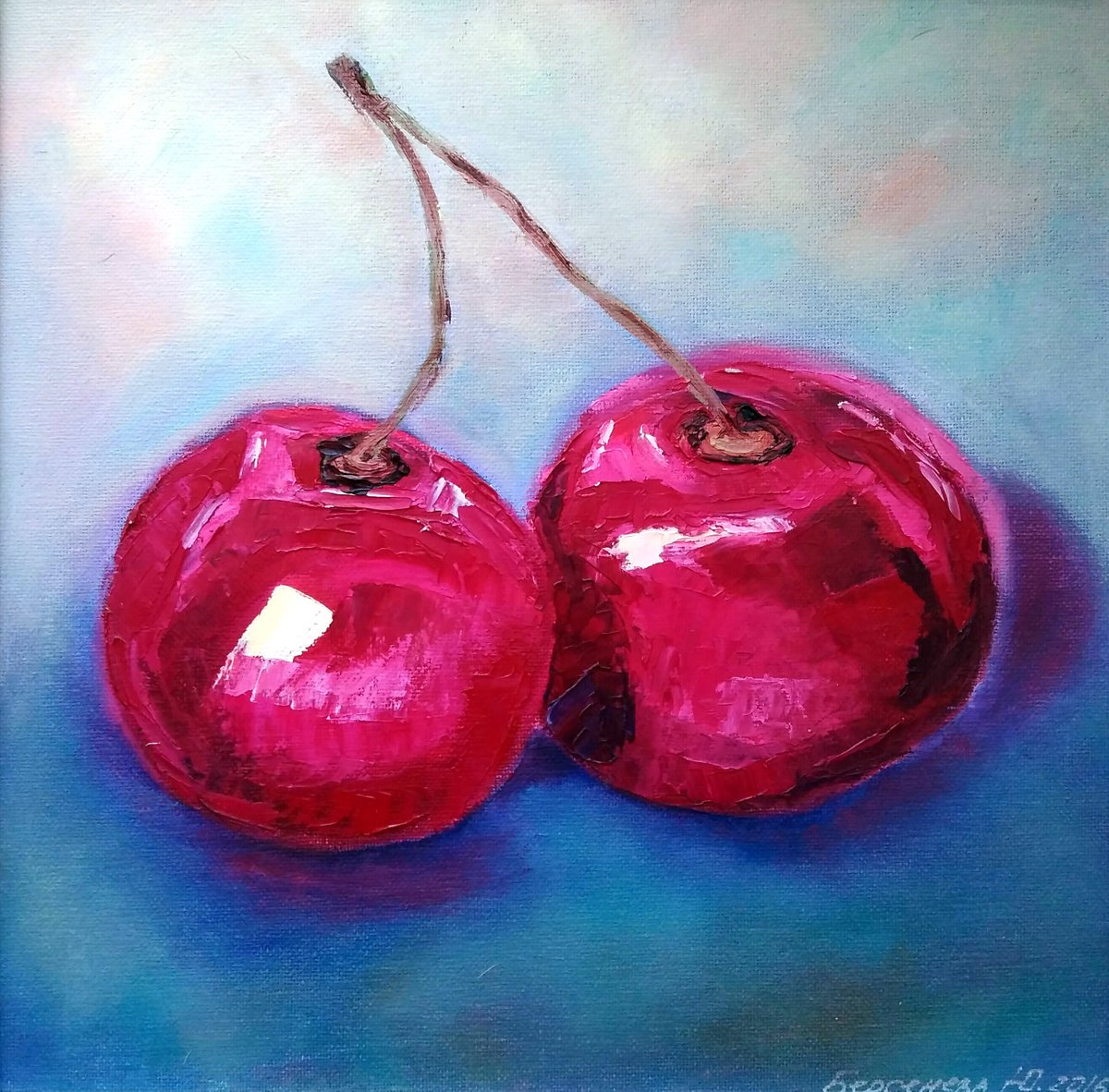 Cherry Painting Original Art Fruit Artwork Berries Still Life Wall Art Couple Cherries Pai... by Yulia Berseneva