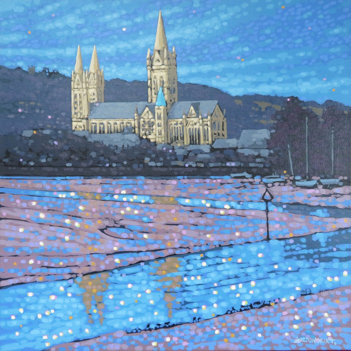 Impressionistic Cityscapes Acrylic Painting By Gordon Hunt, 24 X 24, Truro Cathedral Sunshine, Original Artwork