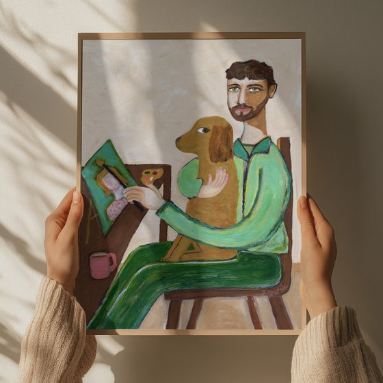 The painter, artist with dog