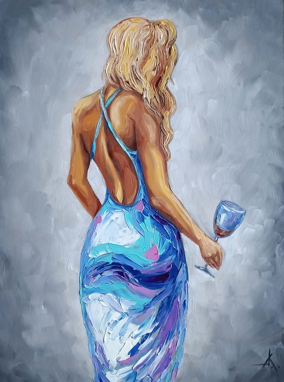 Grace of a woman - dress, woman oil painting, wine, female back, woman and wine, girl