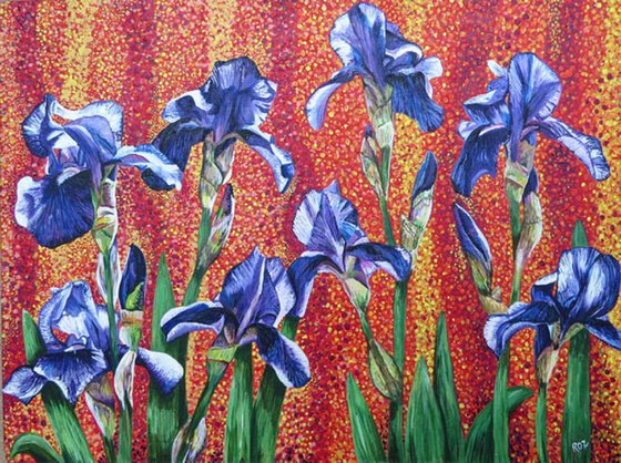 Irises, Purple on Red