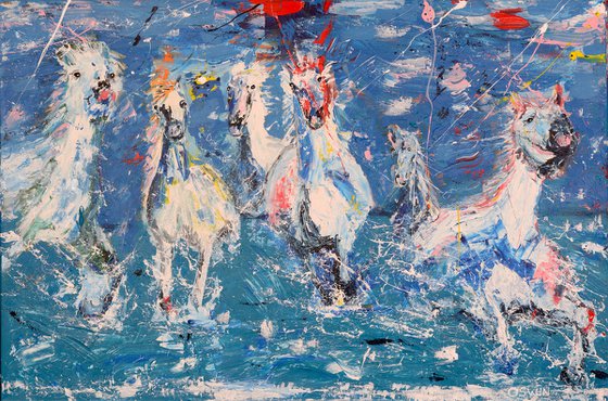 Horse painting - WILD HORSES IV - 150 x 100 x 4 cm. | 59.06"X 39.37" Equine art by Oswin Gesselli