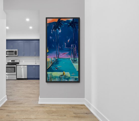 Big vertical painting - "Jump moment" - Pop Art - Palms - Swimming pool - Diptych