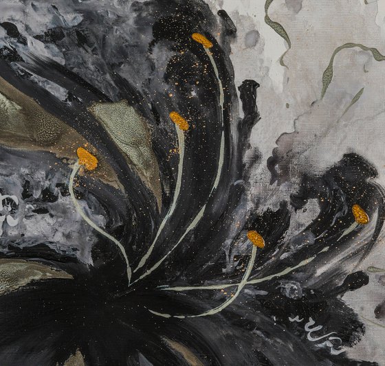 BLACK VEIL - Foil painting. Modern. Abstract. Gray shades. Hand-painted. Black. Flower. Textured. Golden leaf.