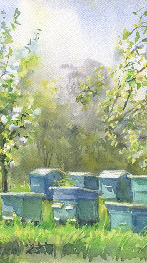 Spring at the apiary / ORIGINAL watercolor 12,2x9,1in (31x23cm) by Olha Malko