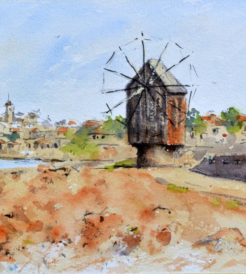 Windmill in red old town Nessebar Bulgaria 17x36 cm 2020 by Nenad Kojić watercolorist
