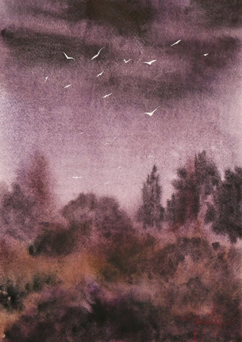 Impressionistic Watercolour , Late Autumn Evening By Eugene Gorbachenko, 8 X 12, Artwork For Sale On Artfinder