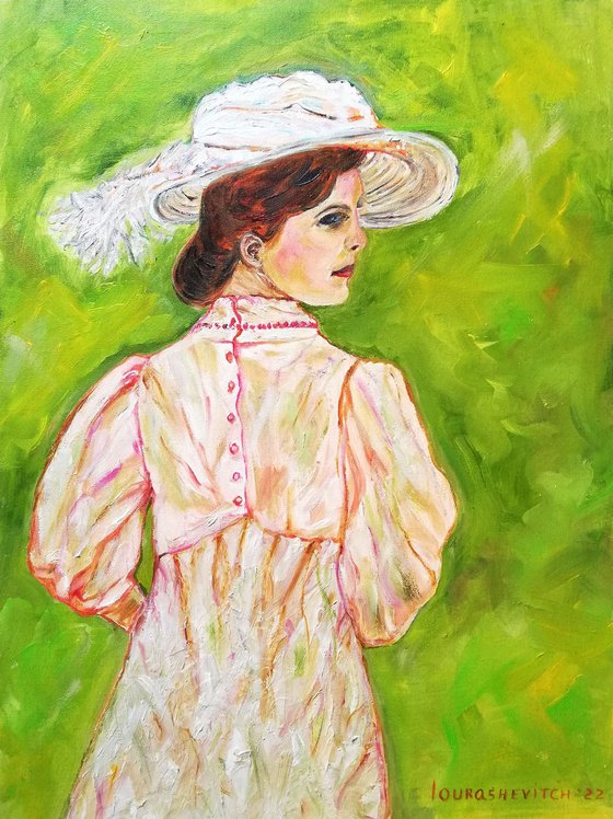 Victorian Lady Original Painting Vintage Style Noble Woman Strolling Elegance 12 by 16"