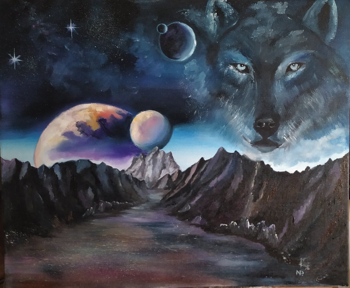 Sky wolf, original surreal planet, animal painting, gift idea, bedroom painting by Nataliia Plakhotnyk
