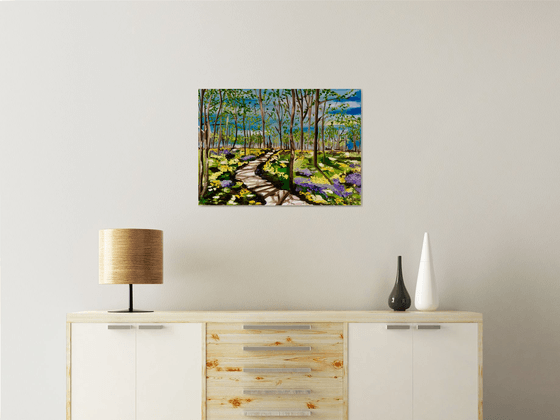 Spring in London park, sunny day sky yellow and purple bloom flowers meadow path trees Original MODERN landscape painting OFFICE DECOR