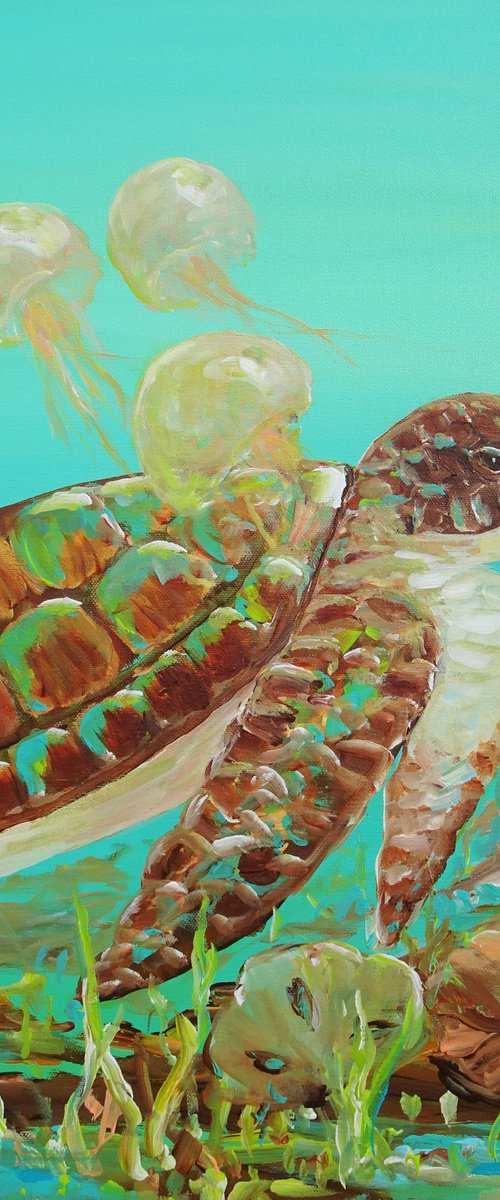 Sea Turtle, Jellyfish Acrylic Painting on Canvas 24"x18". Sea Life Modern Art (2020) by Sveta Osborne