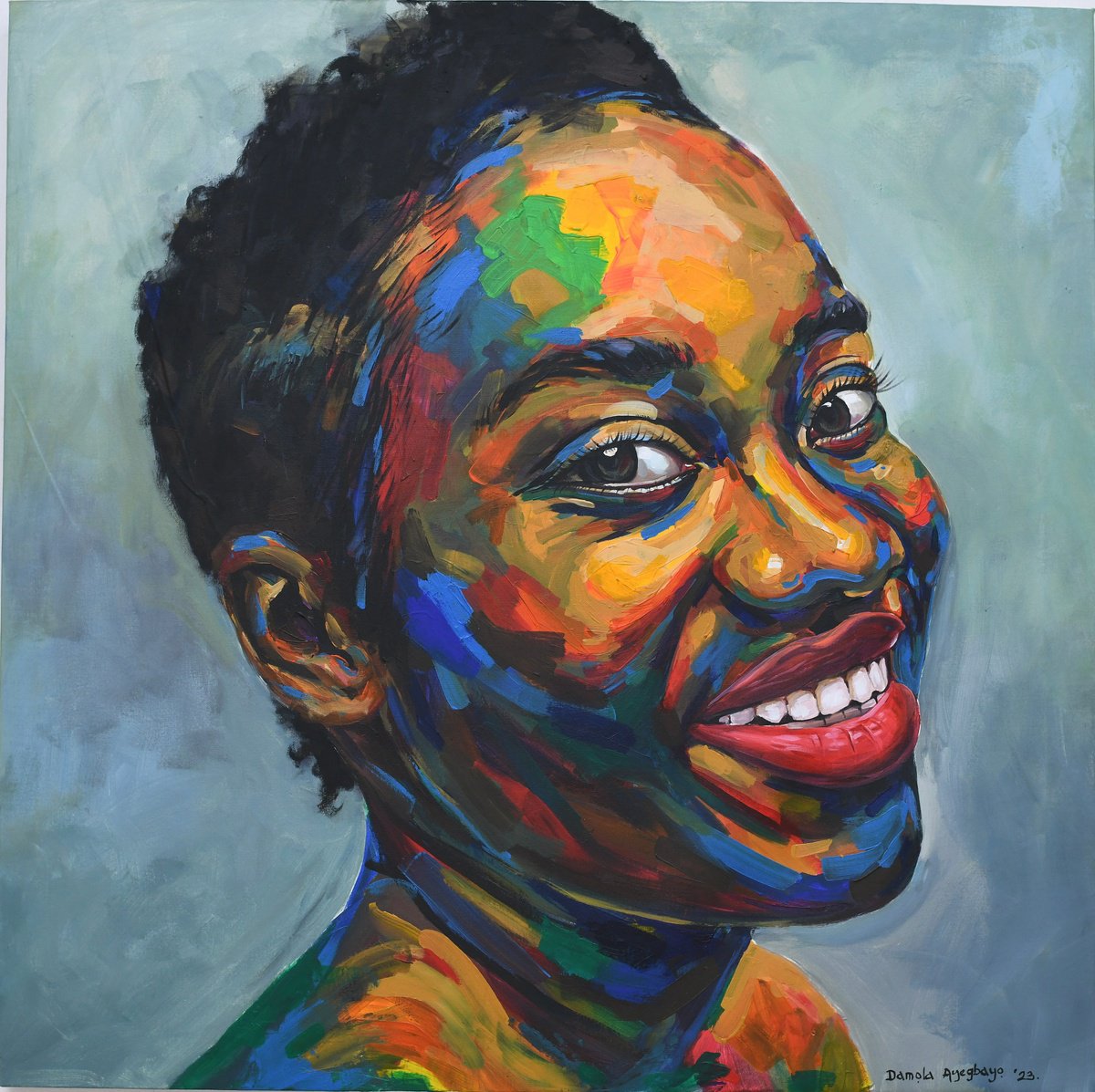 Expressive Portrait Acrylic Painting By Damola Ayegbayo, 36 X 36, Against All Odds 7, Original Artwork