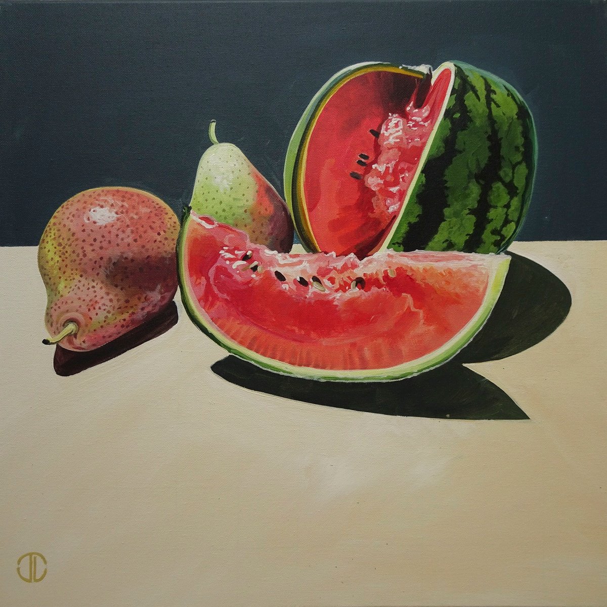 Photorealistic Still Life Acrylic Painting By Joseph Lynch, 20 X 20, Watermelon And Pears, Original Artwork