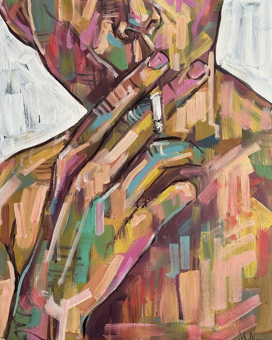 Man smoking painting, cropped male portrait